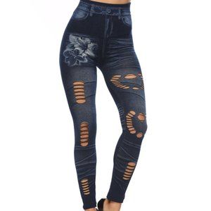 Blue High Rise Fake Denim Legging